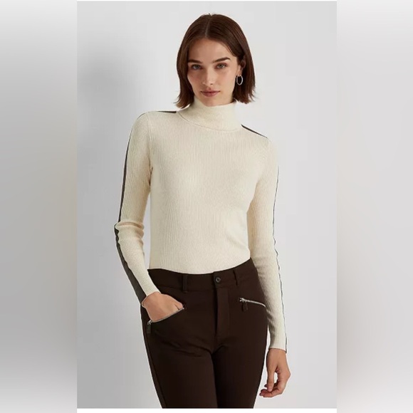 NEW Lauren Ralph Lauren Black Label Ribbed Faux-Leather Trim Turtleneck XXS - Picture 1 of 13